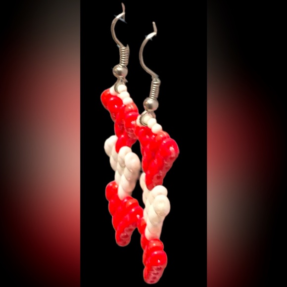 Hand-Beaded Red & White Triple Heart Glass Earrings Made with Love by GrandmaMia - Picture 4 of 4